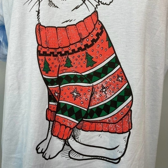 alstyle Cat In Ugly Christmas Sweater and Hat Graphic T-Shirt Size M Light Blue - Picture 4 of 12